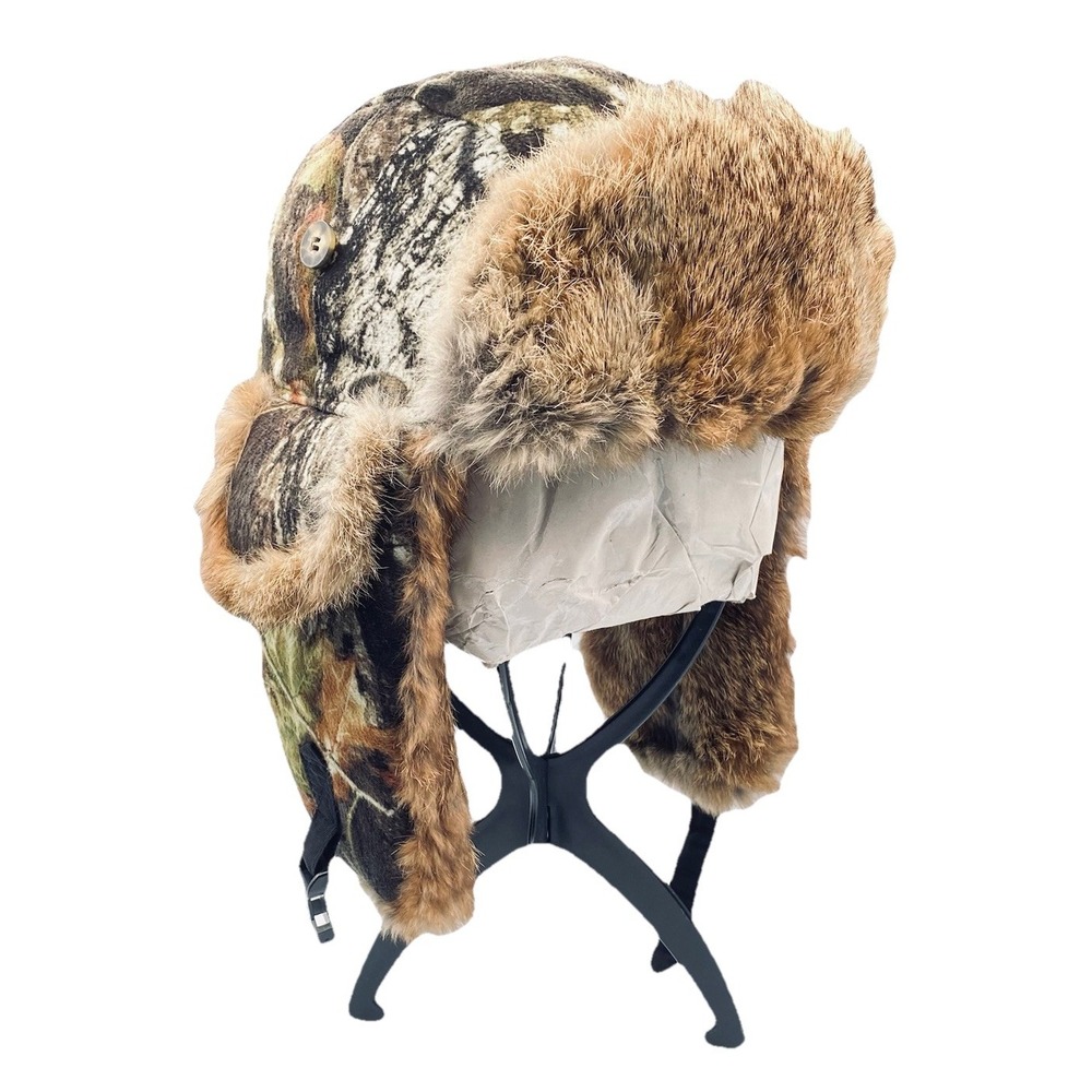 Mad Bomber Trapper Hat Camo Camouflage Natural Rabbit Fur Trim Size XL